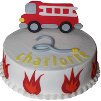 Firetruck Cake Inspired by NatiMF30's firetruck cake. BC frosting with fondant flames, hose, and firetruck topper. TYFL!