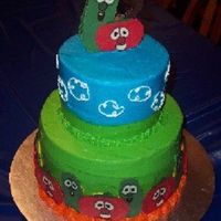 Veggietales Birthday Cake The cake topper and characters are all made of wafer candy. I followed the chocolate method in the WBH book.