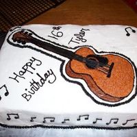 Guitar Cake For 16 Yr Old Boy Chocolate cake, butter cream icing and accents. Guitar is my first attempt at a fbctThanks to all the ccers who made guitar cakes for the...