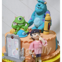Monsters Inc Cake A Monsters Inc themed cake with gumpaste figures of Mike, Sully and Boo.