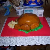 Turkey Cake Body is made of 2 oval cake pans that i carved afterwards. Fondant covering. The legs and arms are rice cripises and i sprayed it with...