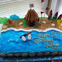 Surfing Cake I borrowed this idea from some cakes I saw here. TY..Buttercream frosting, piping gel water, graham cracker beach, fondant feet sticking...