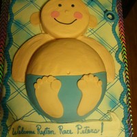 Baby In Diaper yellow cake, white cake and chocolate cake with buttercreme icing . Diaper and rattle are fondant.