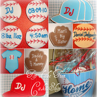 Baseball Cookies Cookies I made for a friend who just had a baby boy. I did assorted baseball theme cookies: hat, glove, baseball, onesie, etc. All cookies...