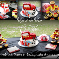 Fire Truck Cake And Cupcakes Firetruck cake and cupcakes. Bottom is vanilla w/ dulce de lech filling covered in fondant and top (firetruck is chocolate with mocha chip...