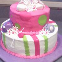 Girlie Baby Shower 2 tier cake I made for my cousin's baby shower. Iced with BC and booties and binkie are fondant... Cake has fondant accents