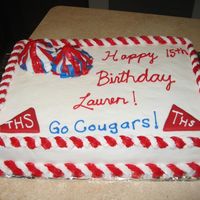 Cheerleader Cake pom poms are cupcakes w/ buttercream icing, megaphones are royal icing