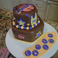 Lakers Birthday Cake Cake covered in chocolate fondant. All accents are fondant