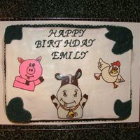 Barn Yard Cake This was for a little girl's 2nd Birthday. Chocolate cake covered in butter cream. The cow, pig and chicken were all chocolate...