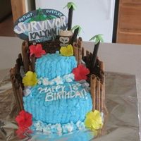 N1278009054_1202541_77080641.jpg This was a Survivor Theme Birthday cake. The Logo was made of gumpaste with piped writing, the tiki guy and rocks are made of fondant, the...