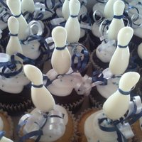Bowling Cupcakes Vanilla and Chocolate cupcakes, BC Icing and Bowling pin lollies inside.