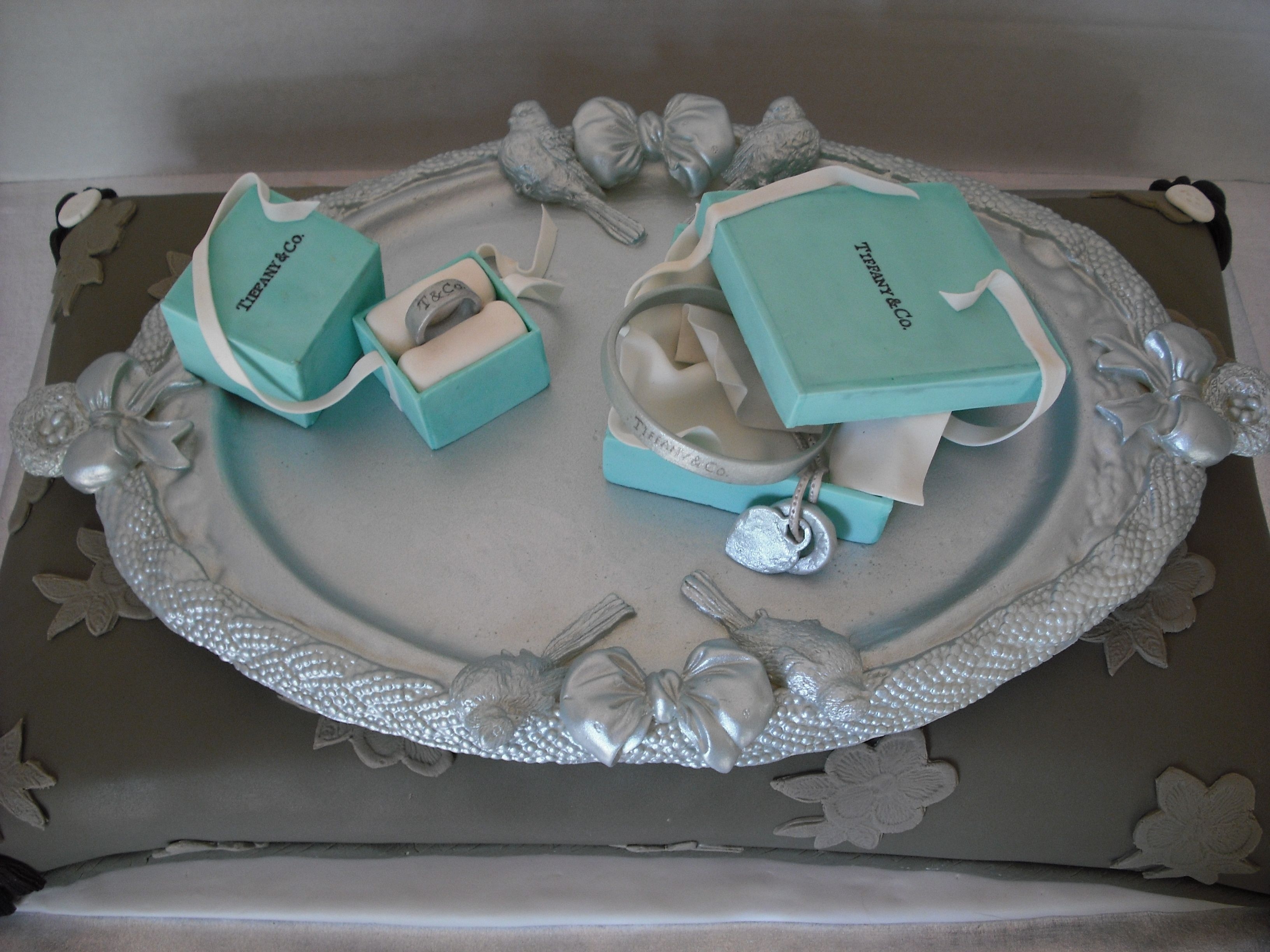 "tiffany" Jewelry Birthday Cake Birthday Calke for a very sophisticated 16 year old girl.Requested a few "Tiffany " boxes with jewelry on a lt. brown pillow....