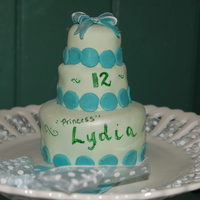 Fondant Covered 3 Tier Mini Birthday Cake, I made this small cake for my daughter's best friend for her birthday. It is just enough for her! covered in aqua light green fondant...