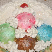 Ice Cream Sundae Cake Ice cream sundae look alike cake, 4 layer, white cake with buttercream filling, colored cupcakes on top for the icecream . Airbrushed for...