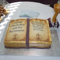 First Communion Book I made this for my son's First Communion. I used edible images and airbrushed the sides gold. The chalice and rosary are gum paste.