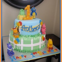 Backyardigans 10 & 7, chocolate w/vanilla buttercream. Gumpaste/fondant mix for characters. Present on top tier is RKT covered in fondant. Fun cake...