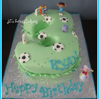 Dora First carved number cake made from 9x13 pan. Chocolate w/buttercream. Covered in fondant. Made for a little boy who loves Dora. Made not to...