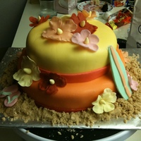 Hawaiin Themed Cake Coconut cake with coconut frosting, covered in fondant. Flip flops, surf board, and flowers made out of fondant. Ignore the mess in the...