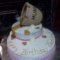 Pooh Cake Honey Jar is a candy jar covered in fondant. Honey is piping gel.