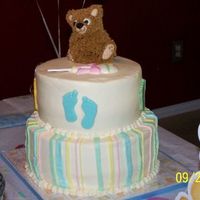 Baby Shower First stacked cake, first commissioned cake. 8" and 10" Chocolate cake w/ raspberry mousse filling, buttercream w/ candy feet and...