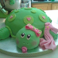 Baby Girl Turtle Shower Cake This a turtle "turtle" cake, alternating layers of chocolate fudge cake, chocolate ganche, chopped pecans and caramel buttercream...