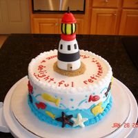 Lighthouse Retirement Cake This is for one of DH's coworkers, who likes lighthouses and is soon retiring. Fondant lighthouse. Candy letters, fish and starfish...