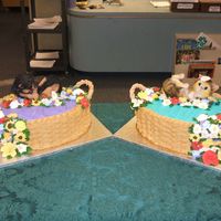 Retirement Baskets Two lage oval cakes(4x18) white cake with buttercream icing with rasberry filling, basket weave pattern, royal icing flowers, rosen dog &...
