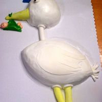 Stork Cake I used the first and ten cake pan for the body, half of a ball pan forthe head, and a large cupcake for the hat. Most of it is buttercream...