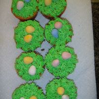 Easter Basket Cupcakes With Easter Eggs Yellow cake with BC icing grass and robin eggs...