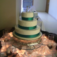 White With Teal Ribbon White cake with raspberry filling. All buttercream, with a satin ribbon border.