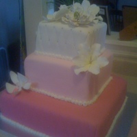 Pink Variations Three tier smple wedding cake with variations in pink. Tropical sugar flowers and some quilting