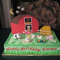 Barnyard Birthday For 2 Year Old Buttercream icing with fondant/Tylose barn, animals and lettering. Piping gel pond. Cupcake haystack.