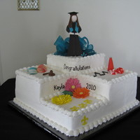Graduate With Different Interests 3 step 2 layer 12" cake with gumpaste graduate. Different interests (thespians, mock trial, cheer, music, and fleur-de-lis.