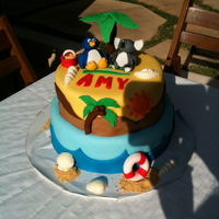 Beach-Themed Cakd This cake was inspired by many other cakes seen on CC. Cake and figurines made out of fondant, shells made of candy melt, and used graham...