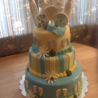 Yellow, Blue & Green Baby Shower Cake Three Tier babyshower cake everything edible! Hand made chocolate suckers on top!!Little green frogs sit on the border covered in MMF!...