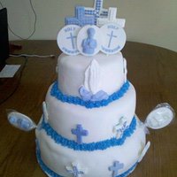 First Communion Cake The customer asked for a cake with no egg and this is what I came up with! French vanilla with buttercream frosting. Fondant and chocolate...