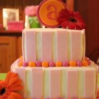 Pink Stripes & Gerber Daisies this cake was for my daughters teacher's bridal shower. The cake was made to match the invitation including the matching monagram...