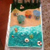 Beach Party Buttercream with piping gel water, vanilla wafter sand and piped grass. Trees are plastic. Used teddy grahams and put swim suits on them...