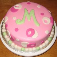 Pink White And Green Initial Fondant Birthday Cake My 3rd fondant cake that I've made. Its a 2 layer 8 inch cake covered w/fondant. I had issues cutting out the letter "M"....