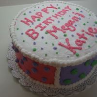 Tri-Colored Birthday Cake I made this cake for my sister's and cousin's birthday. The sides are colored pink, green, and purple with a white dot border on...