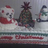 Christmas Tree-O This cake was made using a 1/4 sheet cake and three small bear cake pan. I cut the bears ears off to make tree and snowman.