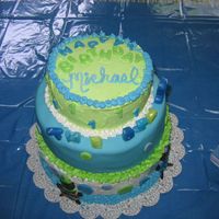 Michael's 1St Bday 3 tiered chocolate cake filled with stablized whipped cream. Buttercream Dream on top and bottom layers, MMF covering 2nd layer....