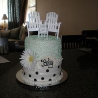 Beach Baby Shower Covered in fondant. Bottom tier four layers with BC icing. top same. Icing usted for the "scroll" the client wanted beach chairs...