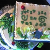 Sweet Pea In A Pod Top view, stacked cake. Covered in Fondant, and sugar paste box top.