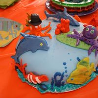 Happy Life In The Ocean, Fernando's 5Th Birthday Vanilla and Chocolate cake with blue buttercream icing filling and cover and decorate wihth animals of the ocean with fondant flavored with...