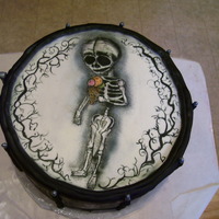 30Th Birthday Skeleton THE CAKE WAS TO BE A DRUM AND SKELETON AIRBRUSHED ON THE TOP. FONDANT WAS USED TO COVER CAKE