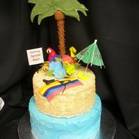 100_3414.jpg Mother in laws bday cake. Tropical island. Cream cheese buttercream with fondant and gumpaste accents. Sand is ground vanilla wafers and...