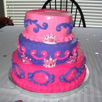 Princess Birthday Cake For 4 Yr Old All buttercream icing and accents with pink crystal sugar tiara stencil on top.