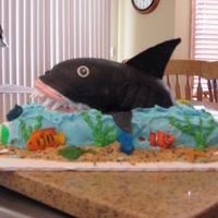 Shark Cake made the shark out of red velvet cake so it looks bloody when you cut into it....perfect for a 7 year old boy. fondant shark and...