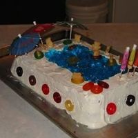 Swimming Pool This was fun to make. I did it for our housewarming for the kids. Hollowed out a 9x13 cake, added blue jello for water. Teddy grahams for...